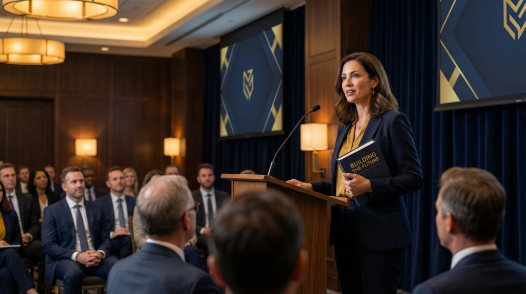 Entrepreneur speaking at a conference holding a published book